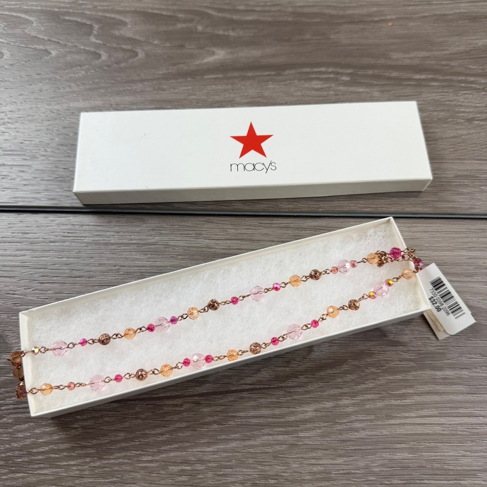Macy's Womens Necklace Beaded Station Chain Pink Orange Rose Gold OS